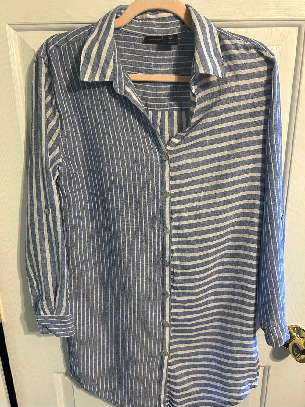 Tahari Mixed Stripe Linen Blend Roll Tab Button Down Shirt Dress S